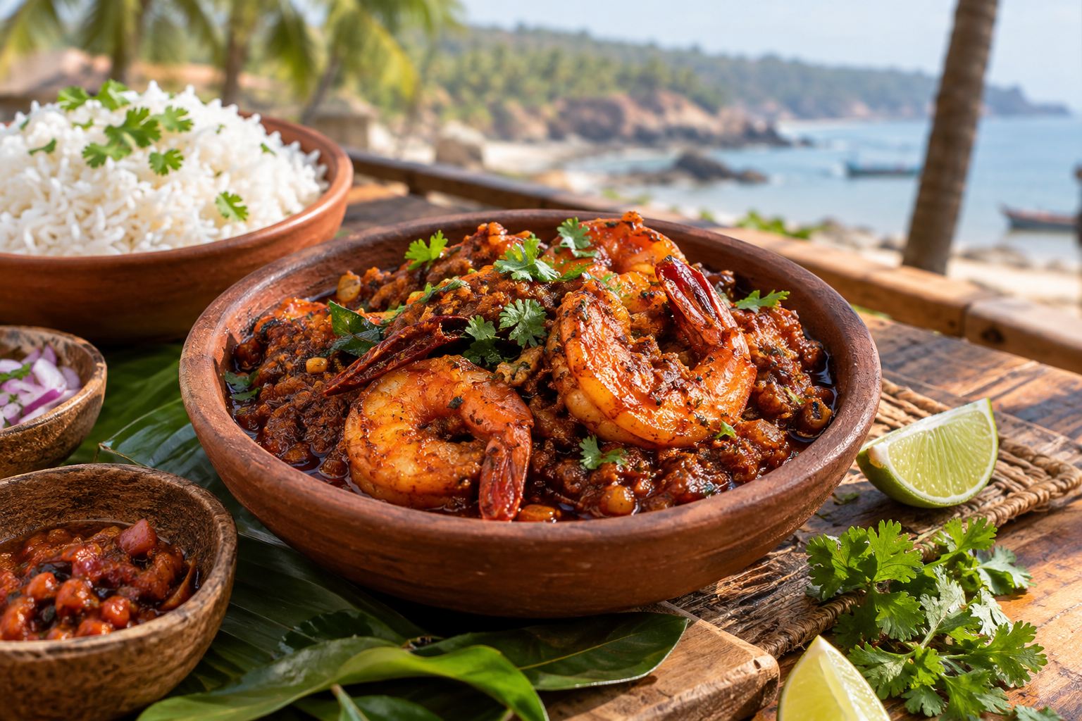 Goan prawn balchao served with rice, lime and herbs